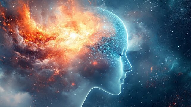 Cosmic Mind fiery energy, nebula backdrop, spiritual concept art
