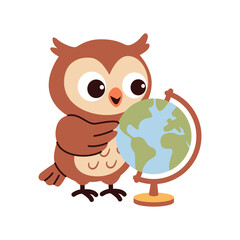 Curious Owl Learning Geography with Globe Vector Illustration