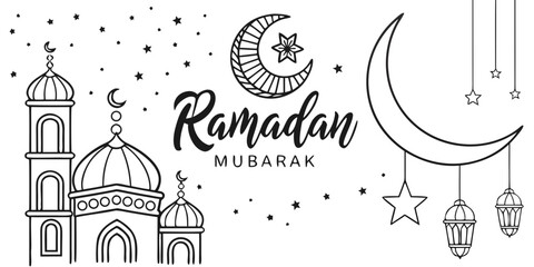 Obraz premium Ramadan Mubarak vector illustration with mosque and crescent moon