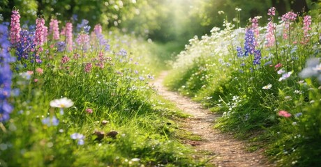 Obraz premium Lush meadow path winds through vibrant wildflowers. Sunlight filters, creating dreamy, peaceful scene. Natures beauty flourishes.