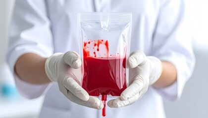 Medical professional holding a blood bag for transfusion.