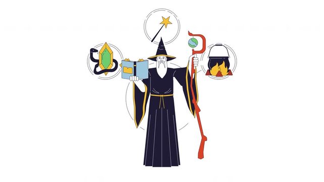 Magician brand archetype 2D animation. Transformation sorcerer. Mysterious knowledge. Wise wizard holding staff and book animated character cartoon flat concept metaphor 4K video isolated on white