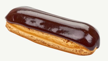 Shiny Chocolate &Eacute;clair, Long Choux Pastry Filled with Cream and Topped with Chocolate Glaze, Classic French Dessert Isolated on White Background