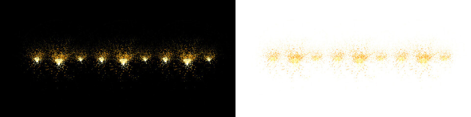 Vibrant golden pixelated sparkle trail with exploding luminous glitter dust effect, abstract festive design isolated on transparent background