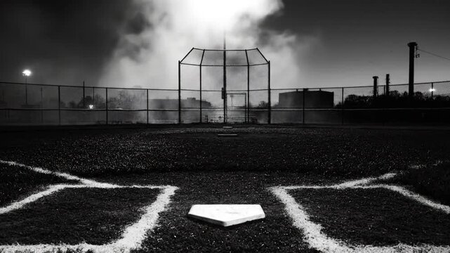 Dramatic monochrome baseball field at night with thick mist rising above the diamond and backstop under a dark moody sky