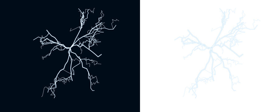 Abstract glowing blue neuron or lightning bolt structure, intricate branching pattern, digital art, science concept isolated on transparent background.