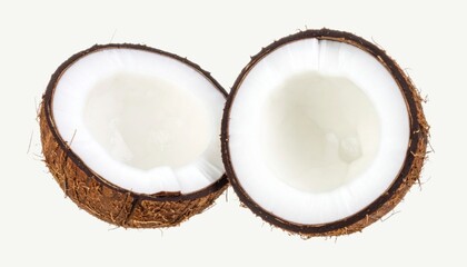 Fresh Coconut Half Isolated on White Background, Tropical Hard-Shelled Nut with White Edible Flesh and Water Concept