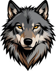 Fototapeta premium Detailed gray wolf head front portrait intense yellow eyes thick fur bold outlines realistic cartoon vector logo