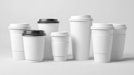 Minimal white disposable coffee cup set with lids on studio background &acirc;&euro;&ldquo; versatile branding mockup