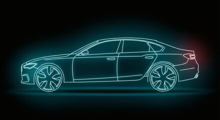 Naklejka premium Sleek Car Blueprint Neon Glow on Black Automotive Innovation Concept.