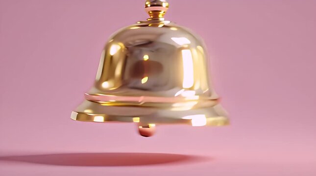 A gleaming golden bell suspended against a soft pink backdrop, casting a delicate shadow below