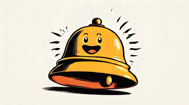 Minimal Yet Ultra Cute Cartoon Emoticon Animation Featuring a Cheerful Golden Bell with Radiating Lines on a Light Background