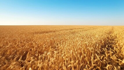 A vast field of golden wheat stretching towards the horizon under a clear blue sky, viewed from a low angle, incorporating artificial intelligence for crop monitoring - Powered by Adobe