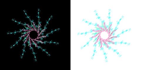 Vibrant abstract digital art particle starburst shapes in bright cyan and pink, modern design element isolated on transparent background.