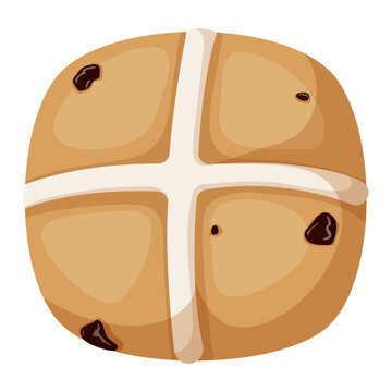 Hot cross bun illustration from top view. Traditional Easter food icon with raisins and white cross icing