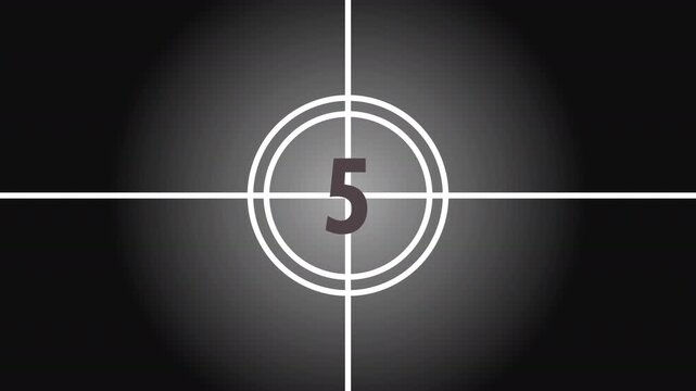 Film countdown timer with 10 second in a circle on vintage film countdown. Suitable for movie trailers, cinema promotions, and intros.