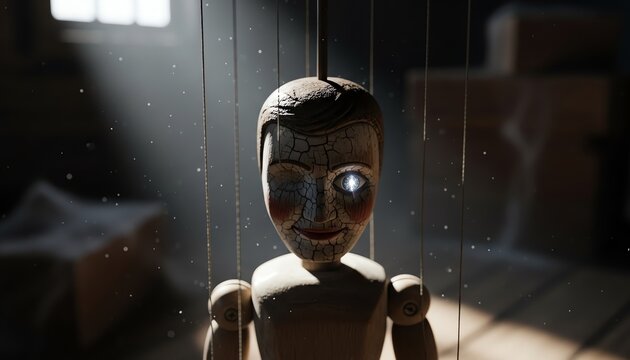 Mysterious Awakening of a Vintage Wooden Marionette in a Moonlit Attic