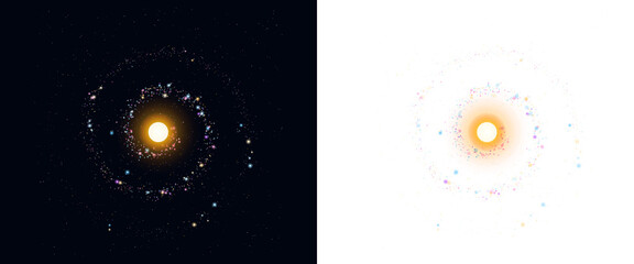 Dynamic abstract cosmic spiral galaxy and fragmented star cluster elements, vibrant colors, bright...