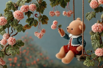 Teddy Bear's Garden Swing: A charming teddy bear sits on a swing in a picturesque garden adorned with delicate blooms, creating a scene of whimsical joy and playful innocence.