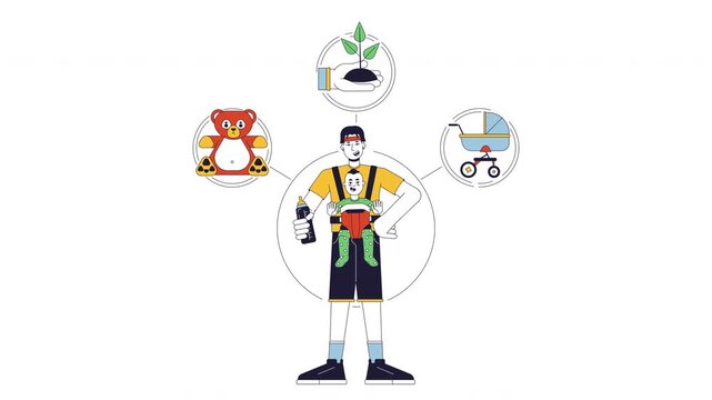 Caregiver brand archetype 2D animation. Nurturing role. Parental love. Caring father holding child in baby carrier animated character cartoon flat concept metaphor 4K video isolated on white