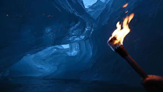 A torch lit in a dark icy cave, showcasing artificial intelligence generated imagery of ice, flame, darkness, cavern, and frozen structures