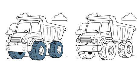 Cute cartoon dump truck coloring book page with example. Black and white line art construction vehicle illustration for kids education and fun activity. © SHOHAG