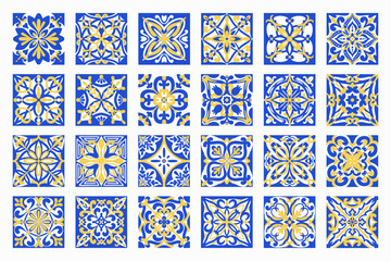 Obraz na płótnie Canvas Blue ceramic pattern on Mediterranean tiles. Spanish mosaic ornaments with floral elements create decorative backgrounds for stylish interiors. Vector set
