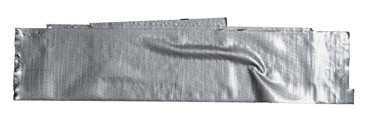 A Strip of Silver Duct Tape in White Background, Neutral Surface, Displaying Its Shiny, Textured Surface. This Versatile Material Is Commonly Used for Repairs and Crafts.