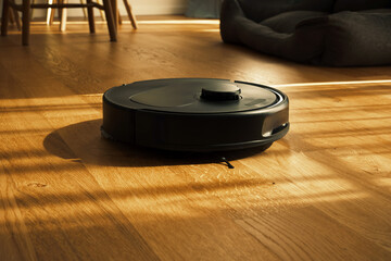 Robot Vacuum Cleaner Navigating Hardwood Floor in Sunlit Living Room During Daytime