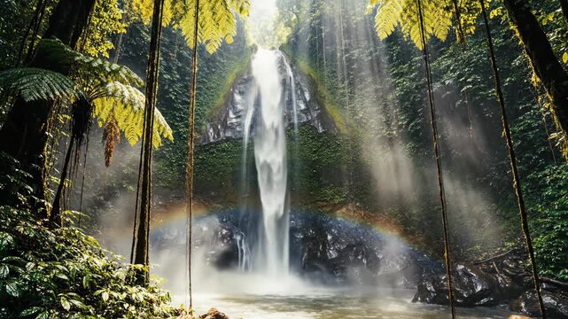 A majestic waterfall cascades down lush green rocks bathed in ethereal sunlight creating a vibrant rainbow in the misty tropical jungle