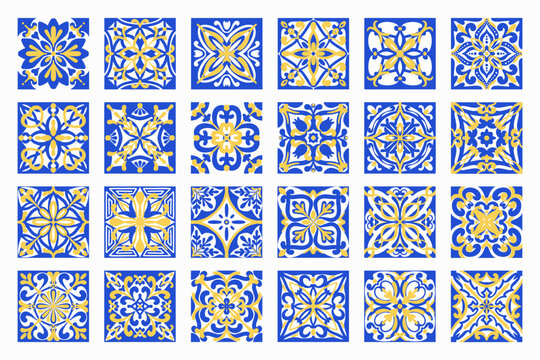 Blue ceramic pattern on Mediterranean tiles. Spanish mosaic ornaments with floral elements create decorative backgrounds for stylish interiors. Vector set