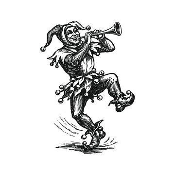 Dancing Jester Playing Trumpet Woodcut Art