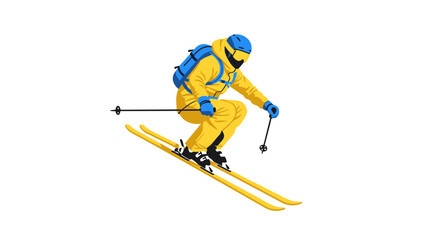 Naklejka premium Dynamic skier in yellow and blue gear on white background