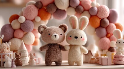 Sweet Companions: A charming tableau of a bear and a bunny, standing side by side against a backdrop of pastel-colored balloons and decorative elements, celebrating innocence and joy.
