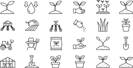 Gardening and agriculture icon set with plants, seedlings, farming tools and growth symbols in clean outline vector style © MstMukta