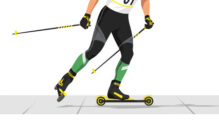 Fototapeta premium Roller skiing athlete in action on pavement with poles and sportswear