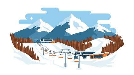 Winter ski resort with snowy mountains and ski lifts in scenic landscape
