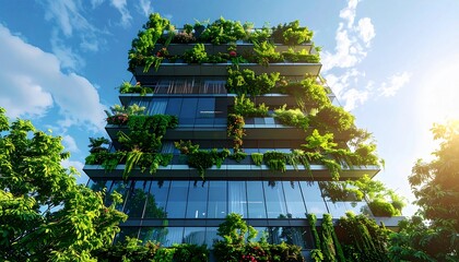 Eco-friendly architectural building with lush vertical gardens and trees covering its facade, showcasing sustainable urban living and green city concepts, promoting nature integration