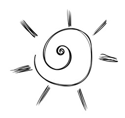 Hand-drawn spiral sun symbol with rough sketch rays, minimalist black ink illustration on white background.
