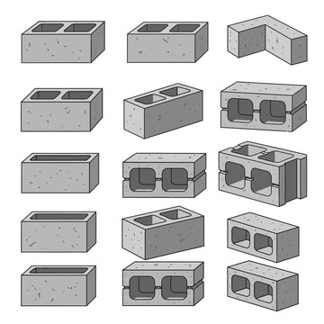 Various Concrete Blocks and Cinder Block Types Vector Set for Construction and Architecture.