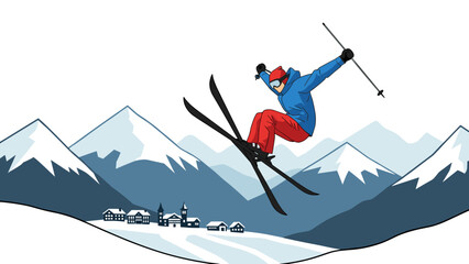 Dynamic ski jumping scene amidst snowy mountains with scenic village view