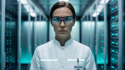 A determined female scientist is looking at the camera wearing glasses in a high-tech server room environment, exuding confidence and expertise.