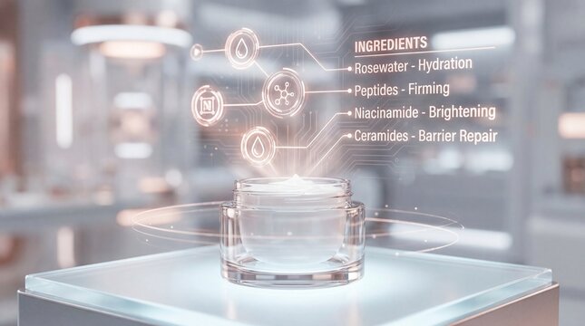 A cutting-edge cosmetics product is displayed, showcasing the innovative ingredients and benefits it offers through a futuristic holographic display.