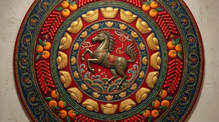 Fototapeta premium Decorative wall art with a horse design and symbols of wealth and prosperity, displayed indoors in a cultural setting during daylight hours Generative AI