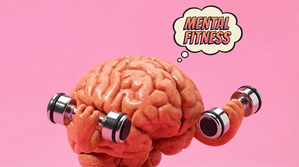 A conceptual image of a brain actively exercising with dumbbells, alluding to the importance of Mental Fitness in a creative and eye-catching way. 