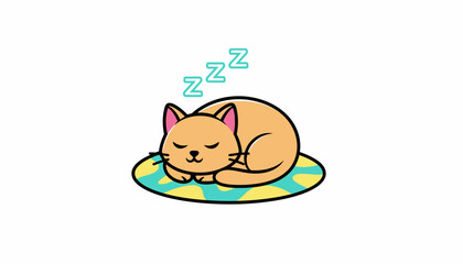 A cute cartoon illustration of a ginger cat peacefully sleeping on a colorful mat.