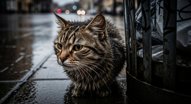 Stray cat beside trash can symbolizing hunger and urban struggle