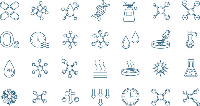Science and laboratory line icon set with chemistry, biology, molecules and experiment symbols in modern vector style
