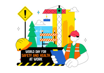 Fototapeta premium World Day For Safety And Health At Work Vector Illustration April 28 Featuring Mechanic Tools Construction Helmet Flat Cartoon Background