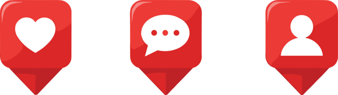 Social media notification pin icon set with like, message and profile symbols in modern flat vector style